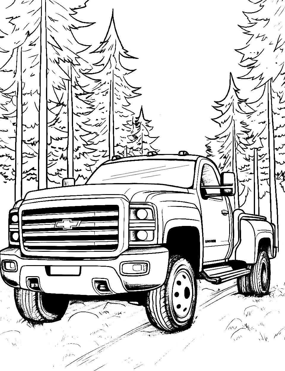 Silverado in the Forest Truck Coloring Page - A Chevrolet Silverado is making its way through a light and airy forest.