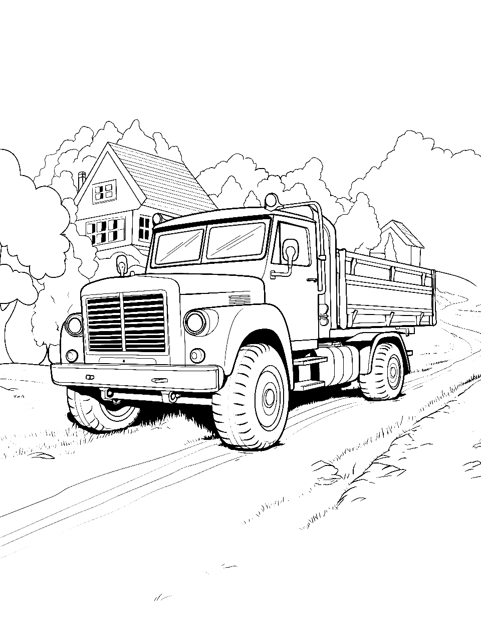 Army Truck on Patrol Coloring Page - An army truck driving through a peaceful village.