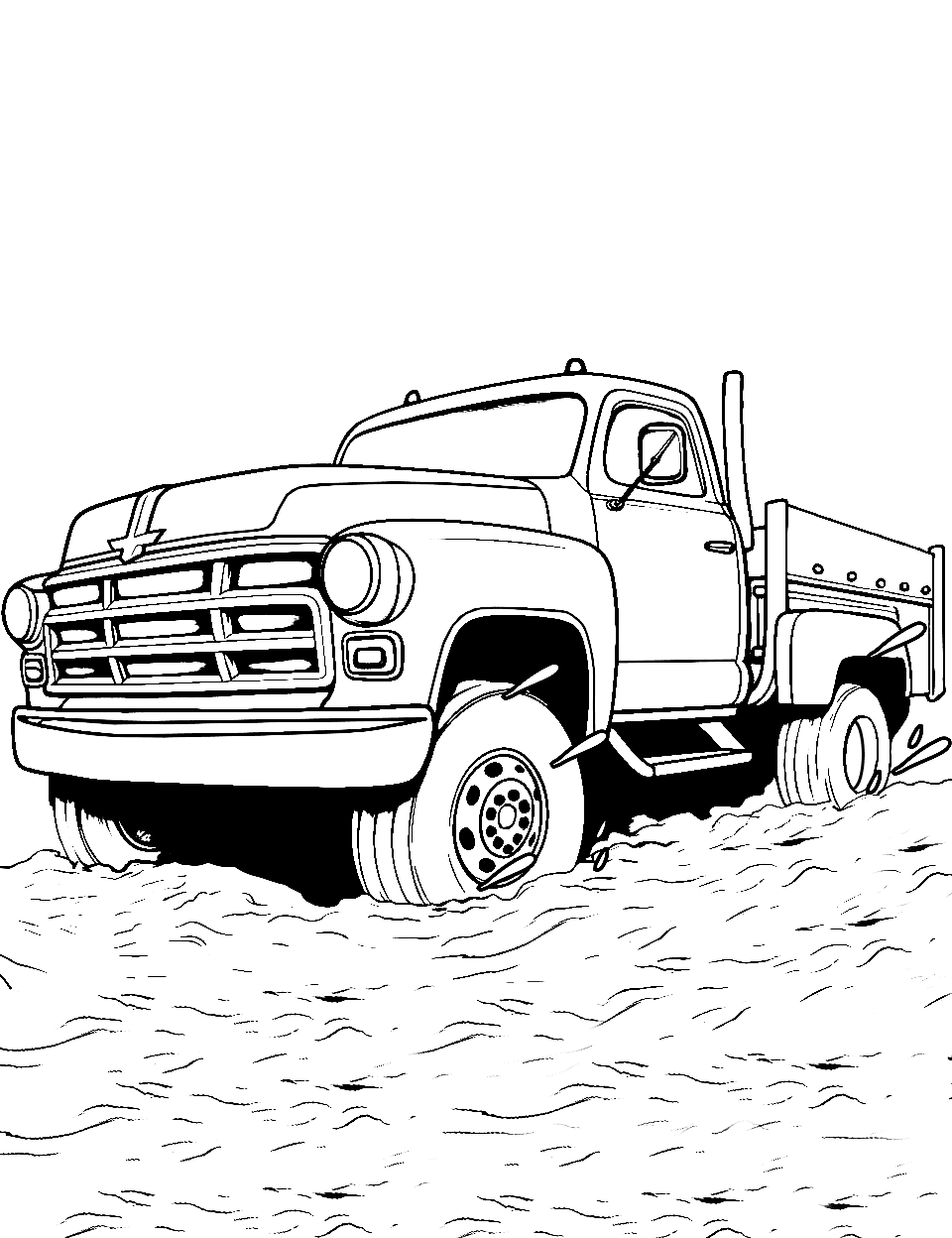 Chevy in the Mud Truck Coloring Page - A Chevy truck is splashing through a muddy puddle, with mud flying around.