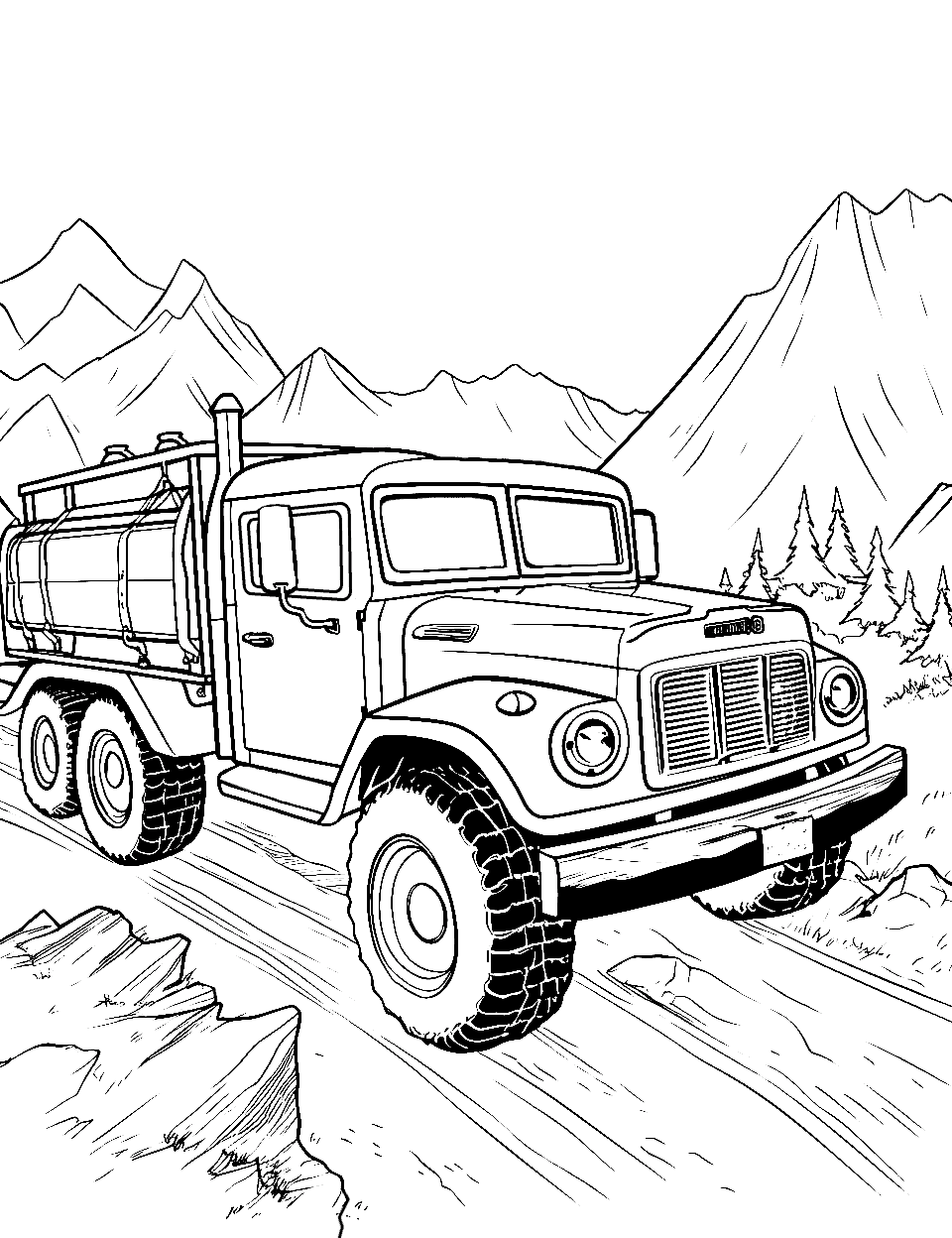 Off-Road Journey Truck Coloring Page - A truck navigating through a simple, rugged off-road trail.