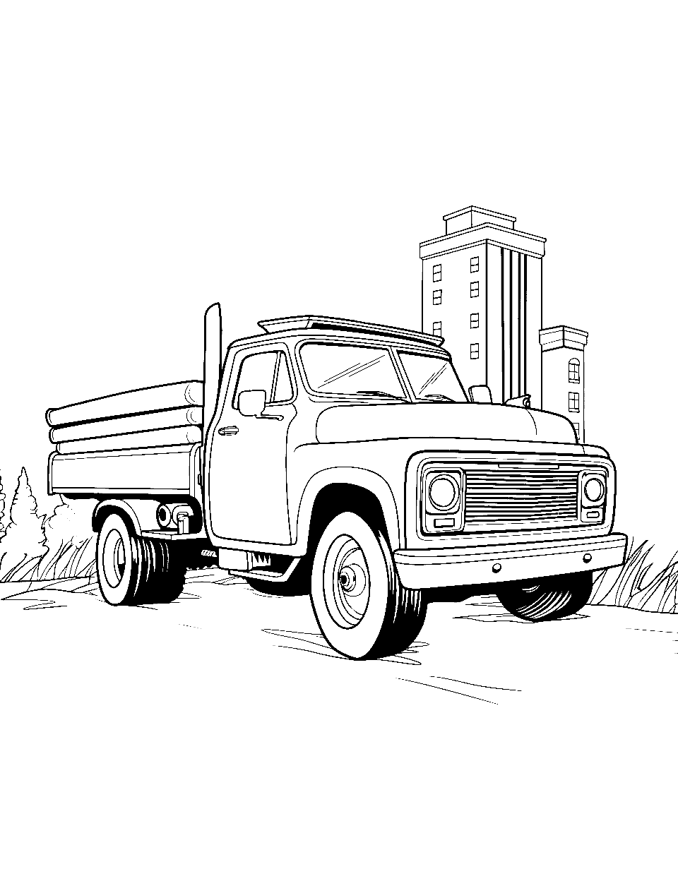 Small Truck at Show Coloring Page - A small truck polished to shine on its way to a truck show.