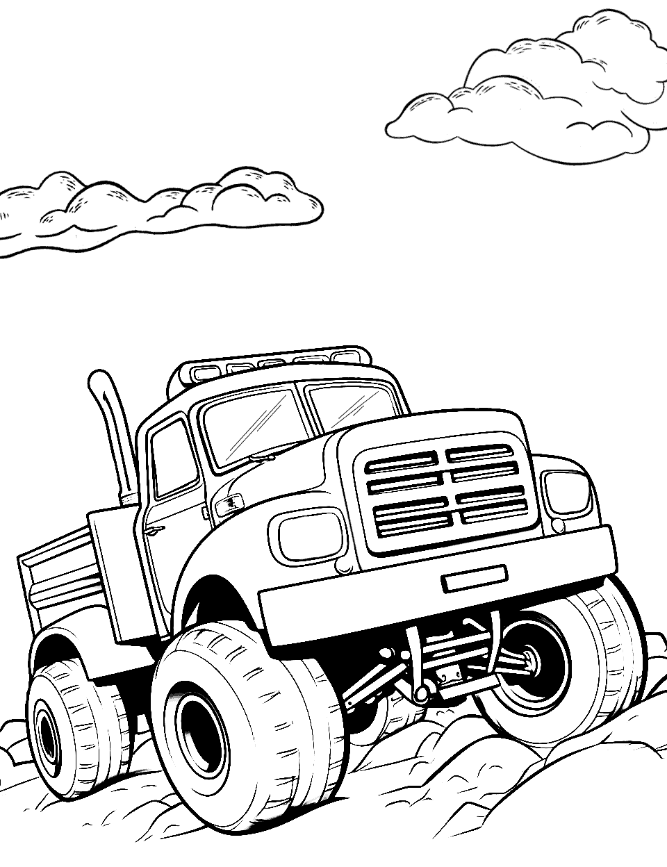 Playful Monster Truck Coloring Page - A playful monster truck bouncing on large, dirt hills.