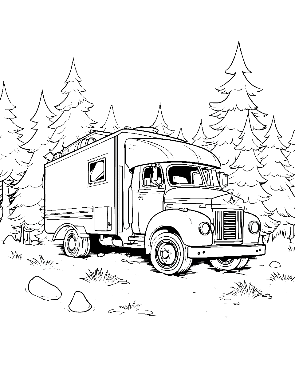 RV Camping Truck Coloring Page - An RV truck filled with camping equipment, ready to get unpacked on a campsite.