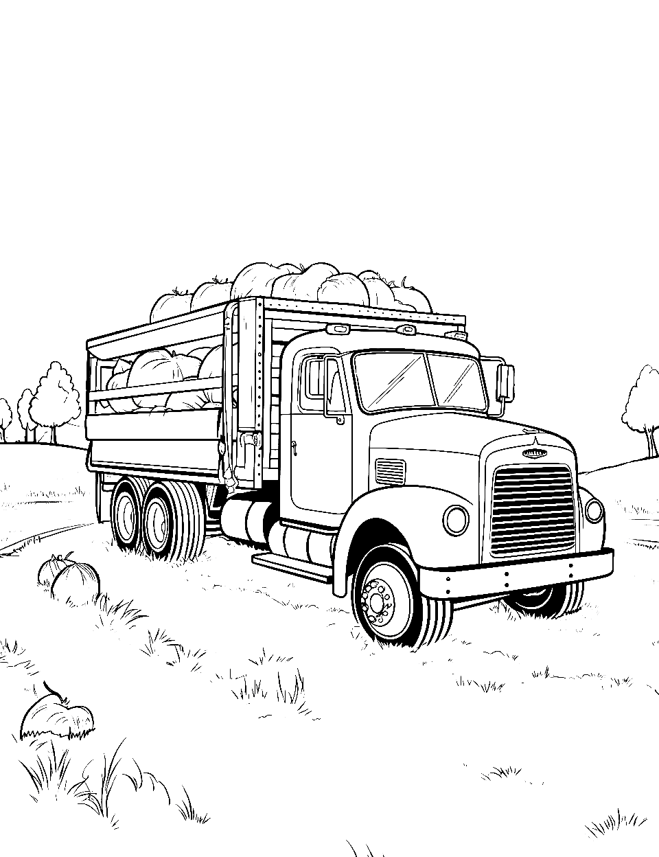 Pumpkins Delivery Truck Coloring Page - A farm truck loaded with pumpkins at a cheerful autumn pumpkin patch ready to deliver.