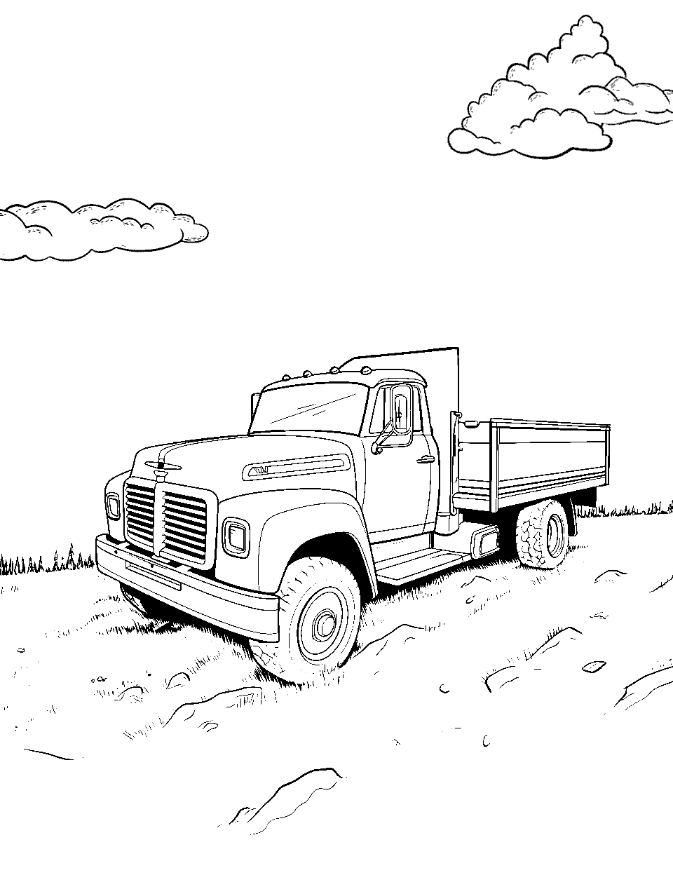 Quiet Moment Under the Sky Truck Coloring Page - A truck parked in an open field, under the open sky.