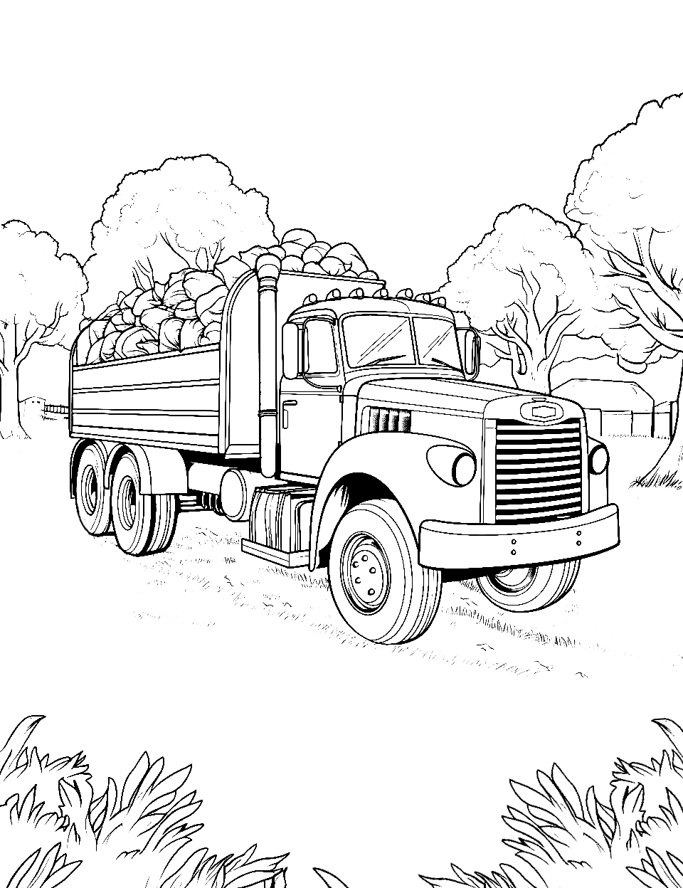 Harvest Time Truck Coloring Page - A truck filled with various fresh fruits and vegetables parked next to an orchard.