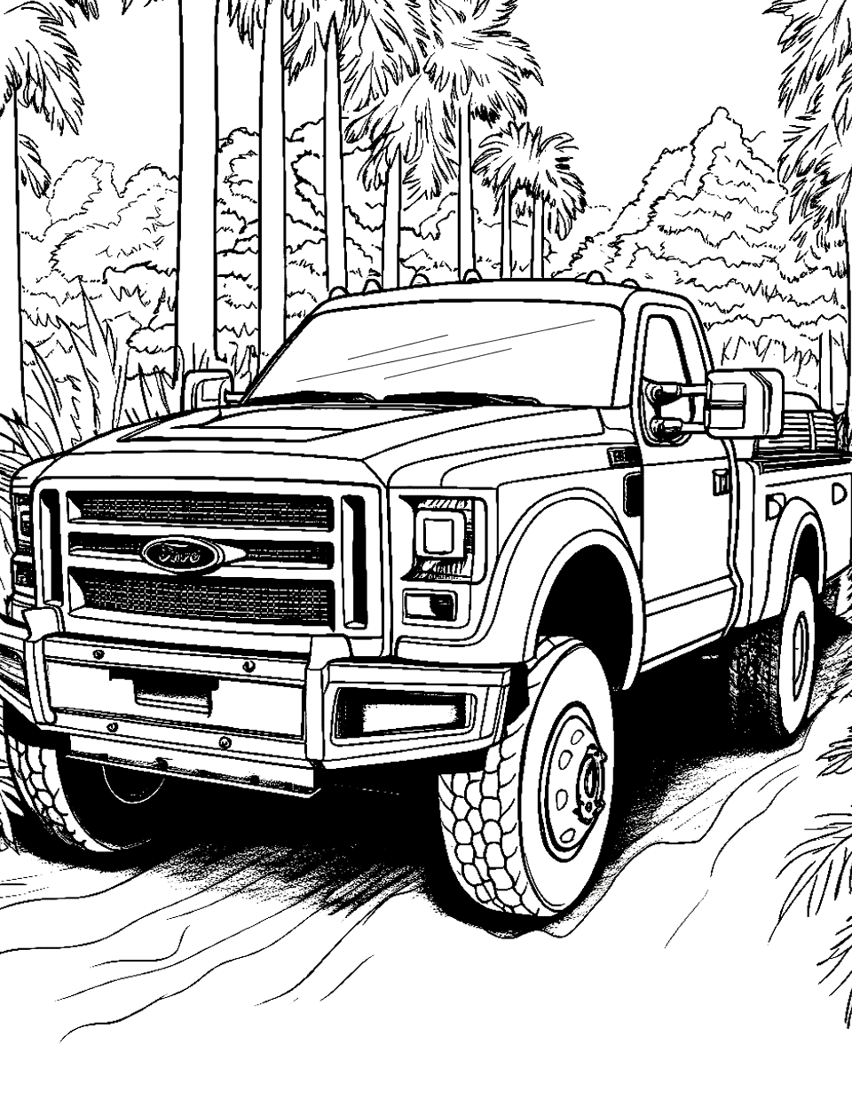 Raptor in the Jungle Coloring Page - A Ford Raptor driving through a path in a dense but simple jungle scene.