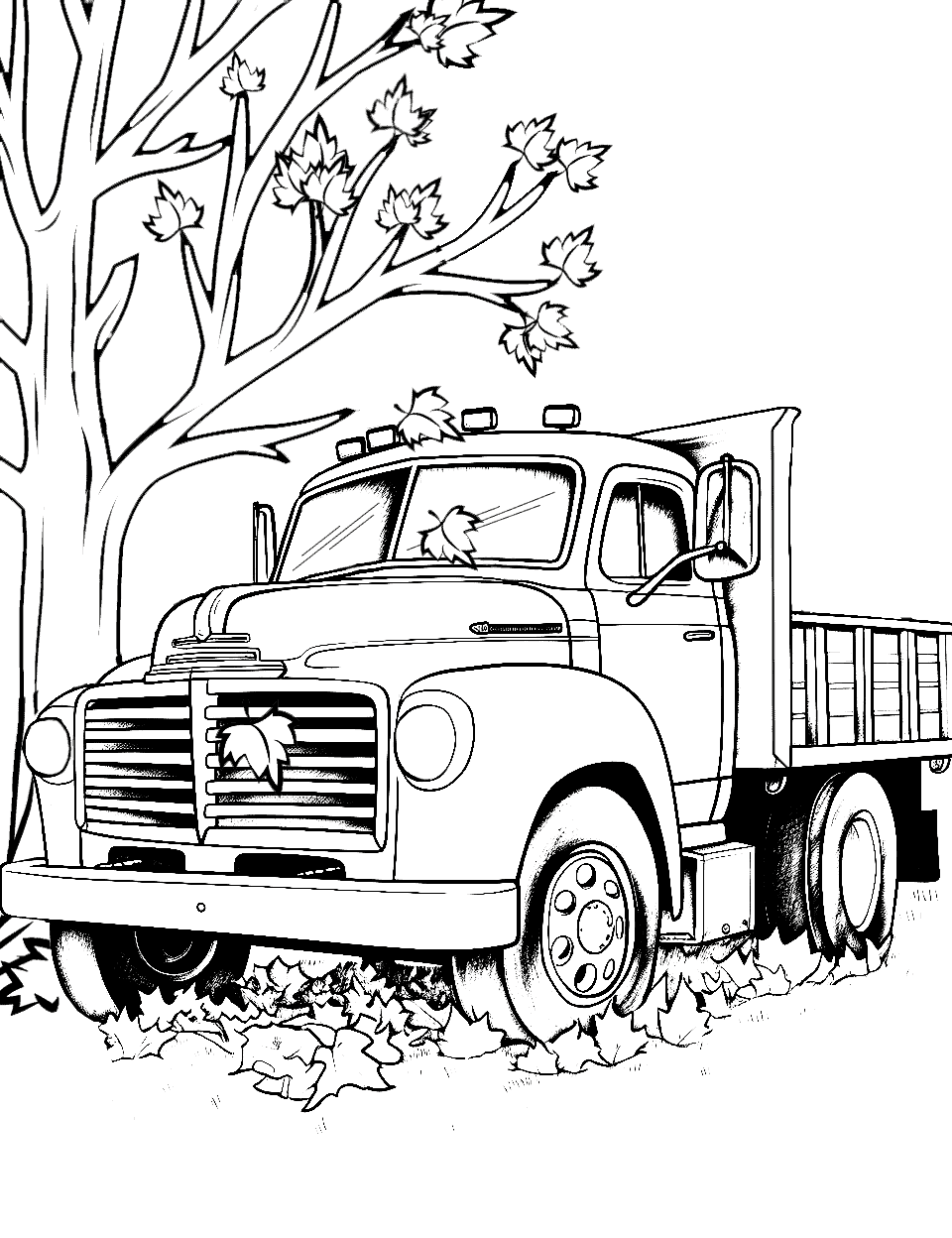 Dodge and the Fall Leaves Truck Coloring Page - A Dodge truck parked under a tree, with colorful fall leaves falling down.