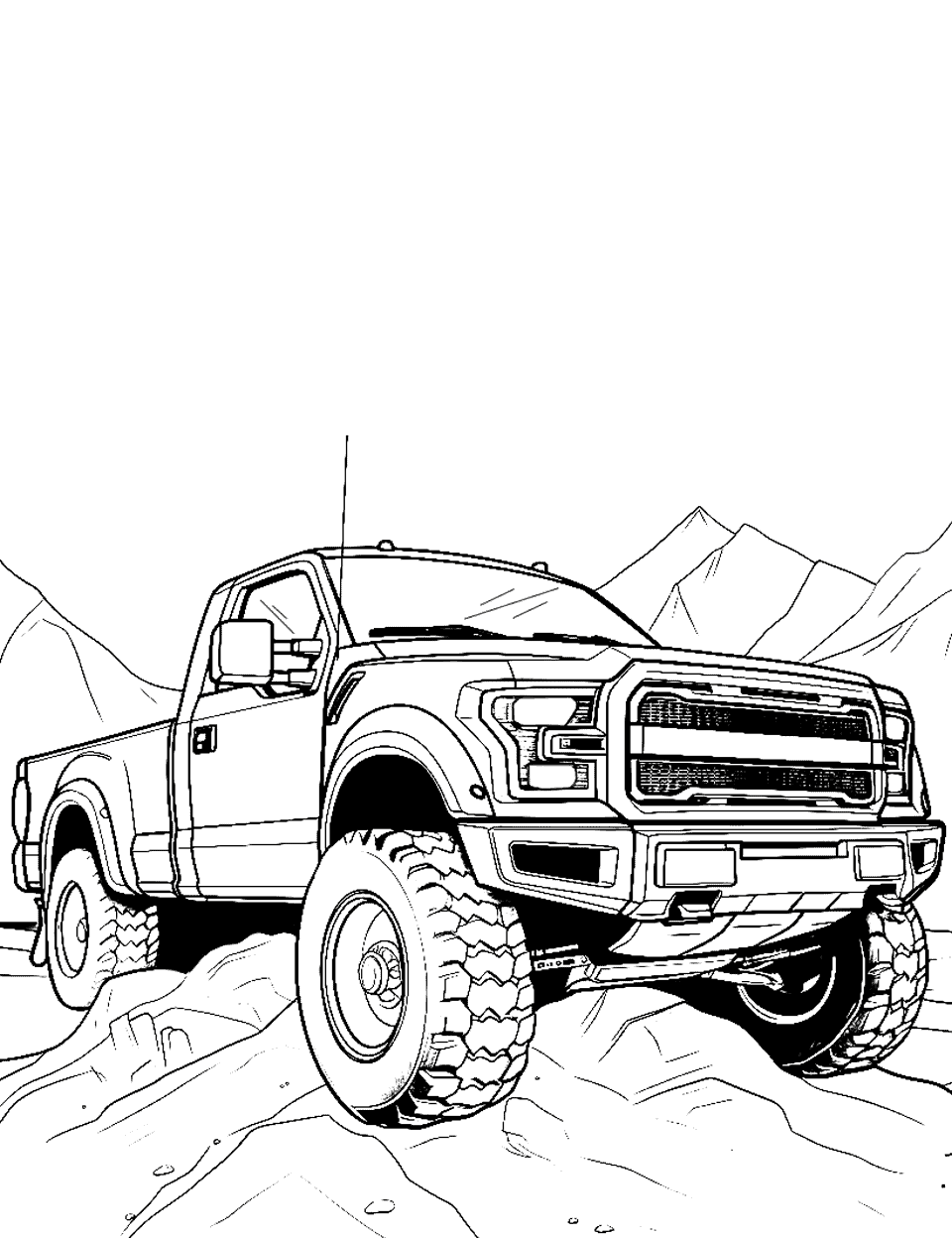 Ford Raptor Adventure Truck Coloring Page - A Ford Raptor is navigating through rocky terrain, stones scattered around.