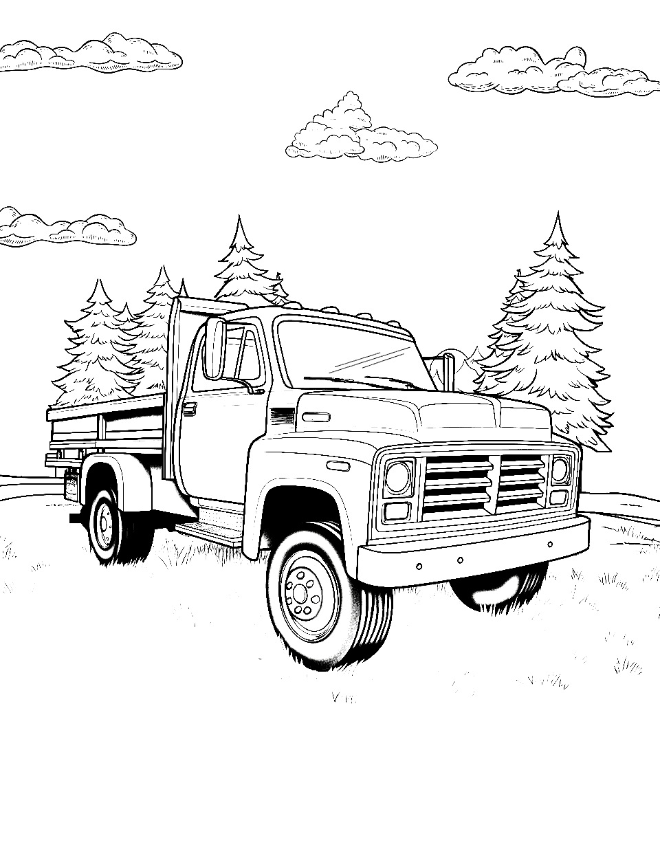 Chevy in Meadow Coloring Page - A Chevy truck parked under the clouds in a meadow filled with greenery.