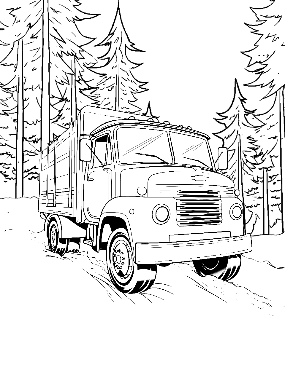 Snowy Delivery Truck Coloring Page - A diesel truck is carefully driving on a snowy winter road.