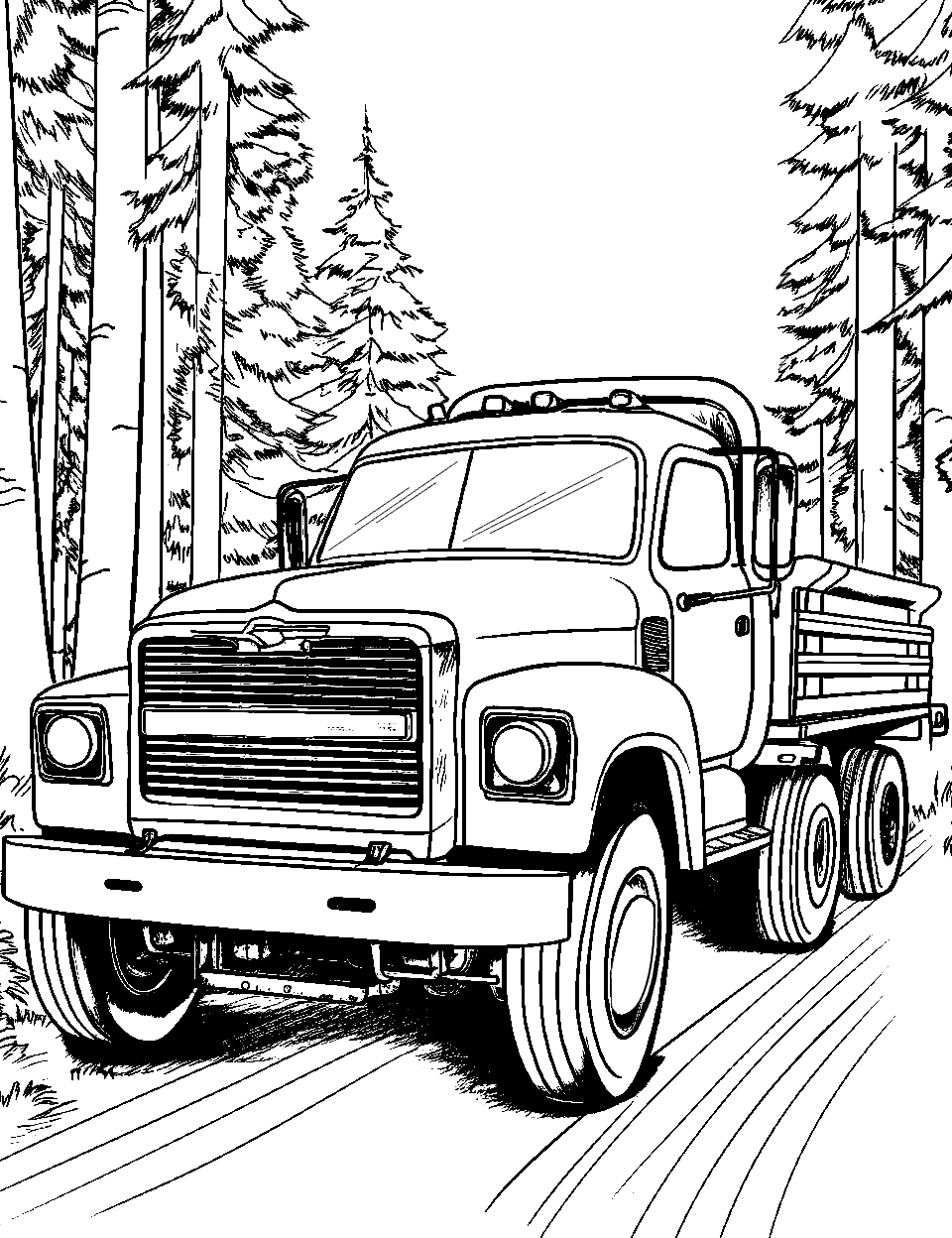 Enchanting Forest Drive Coloring Page - A truck on a gentle forest path.