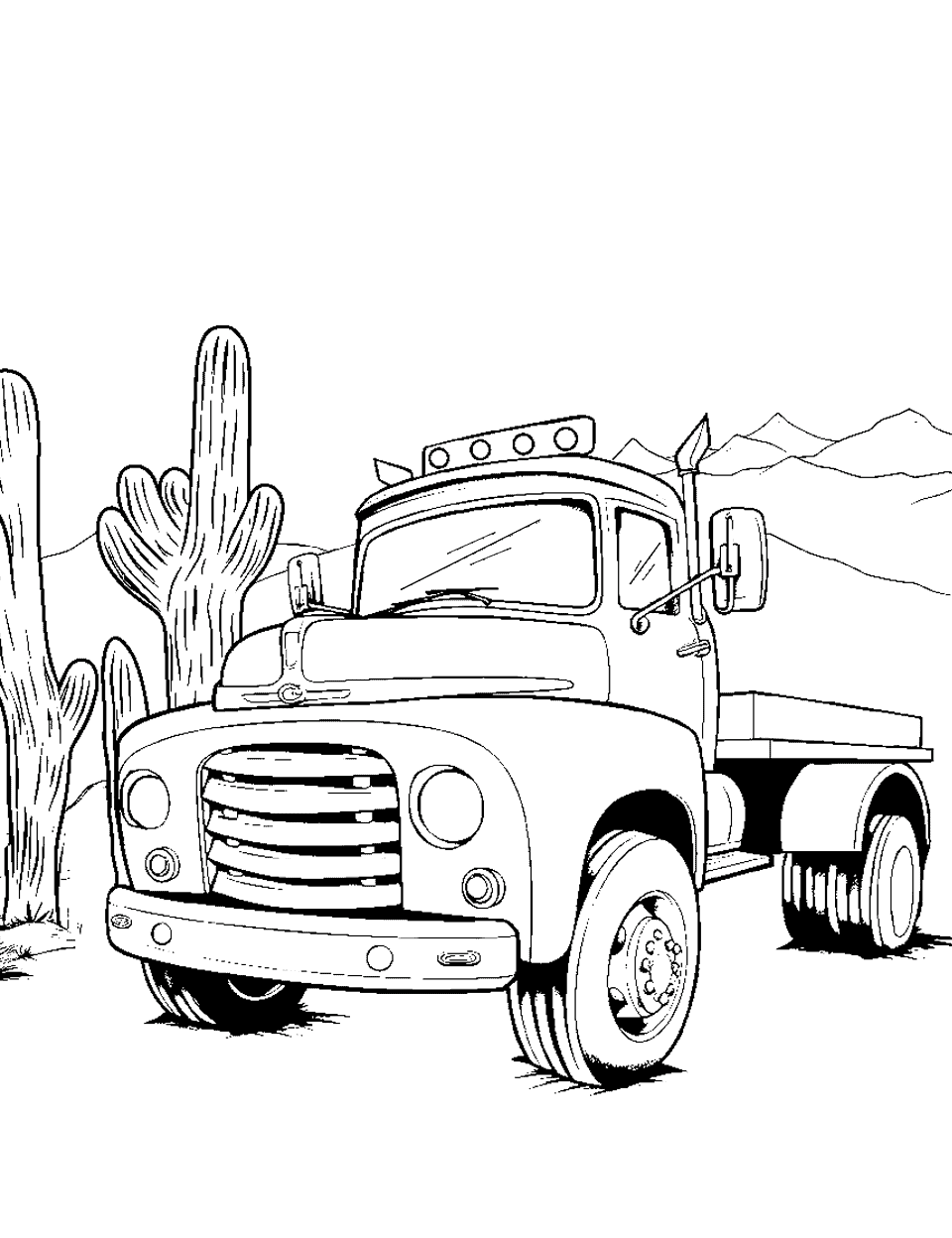 Morning in the Desert Coloring Page - An old truck parked amidst cacti.