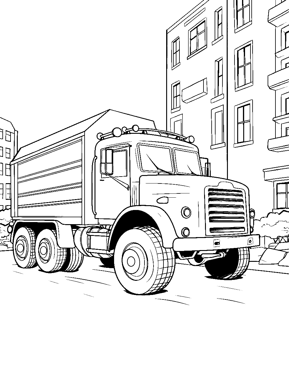 Armored Bank Truck Coloring Page - An armored truck is safely transporting money bags in a quiet city street.