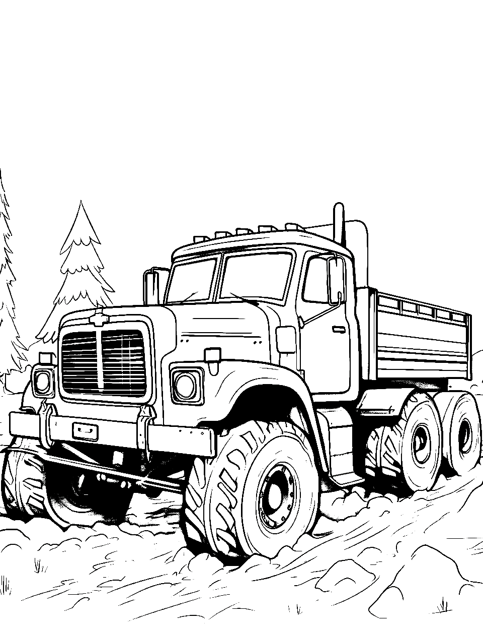 Truck in the Mud Coloring Page - A bold truck splashing through a massive mud puddle, with mud flying.