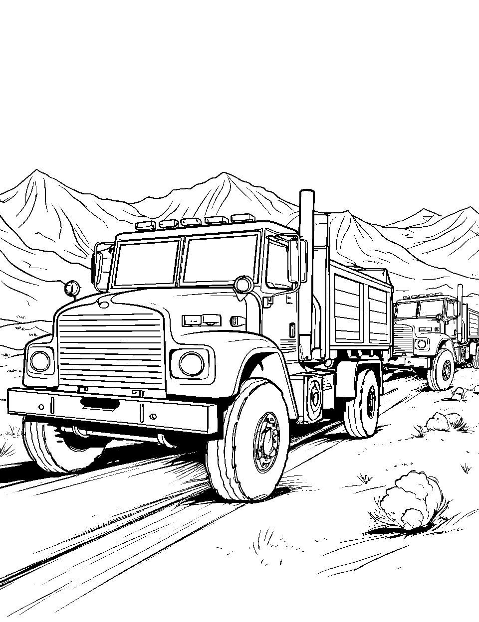 Army Convoy in the Desert Truck Coloring Page - An army truck is leading a simple convoy through a sandy desert.