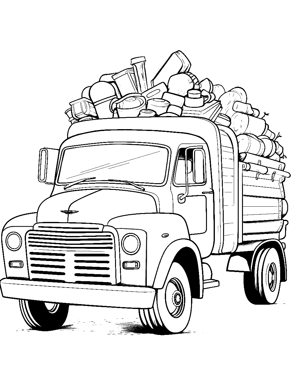 Volunteers’ Pickup Truck Coloring Page - A pickup truck filled with supplies.
