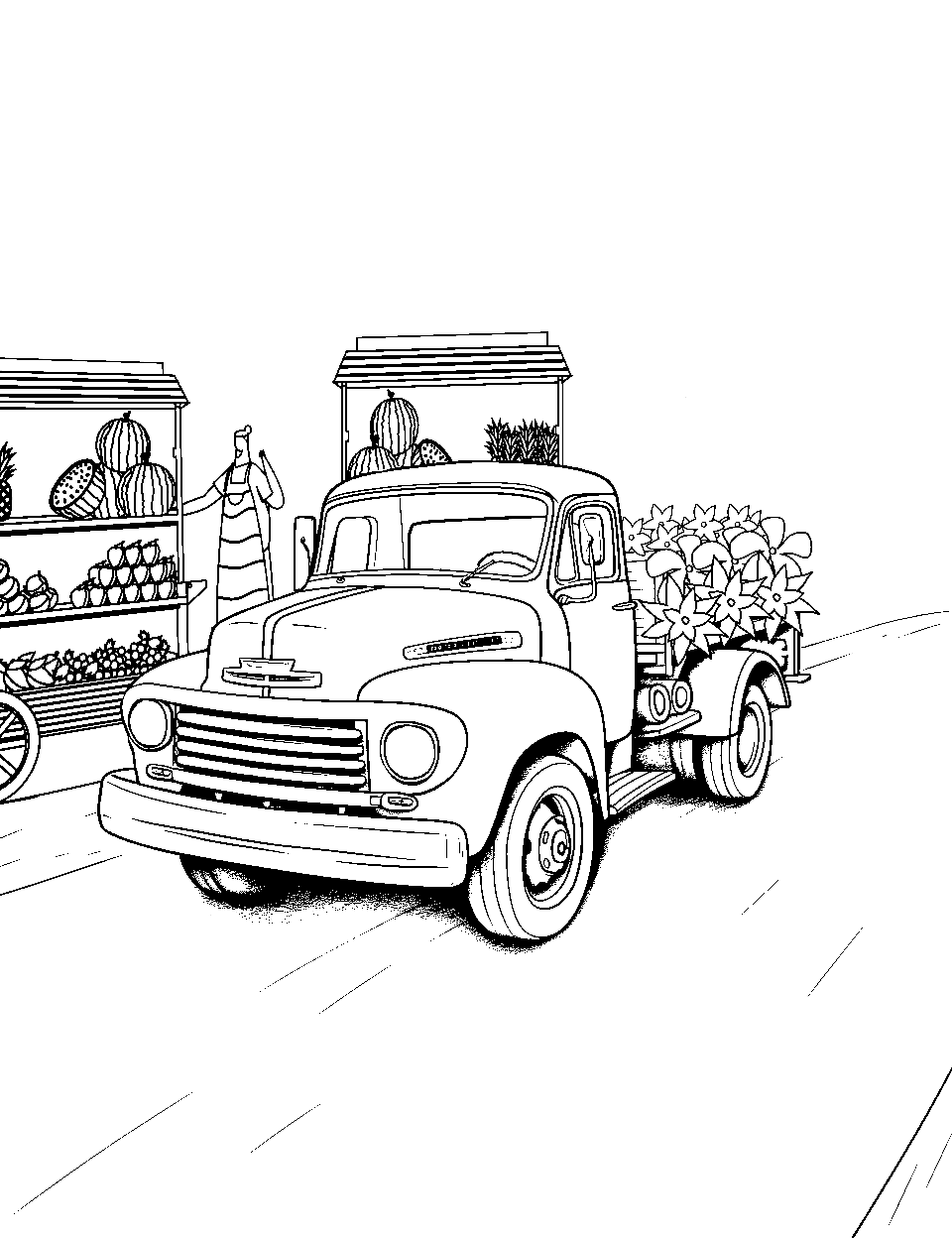 Lively Market Day Coloring Page - A truck filled with flowers parked in a farmers’ market.