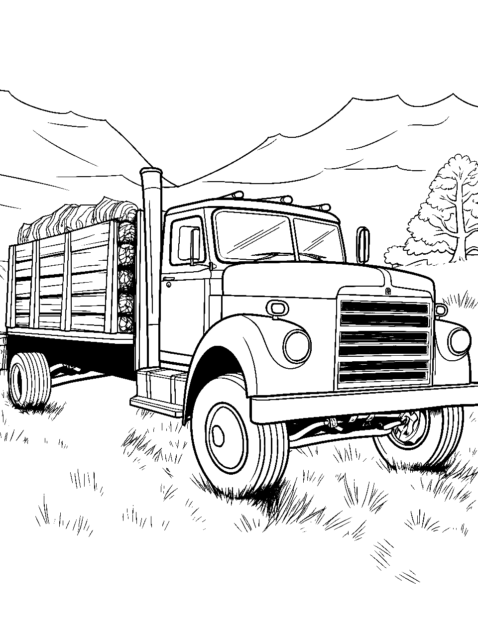 Flatbed on the Farm Coloring Page - A flatbed truck transporting bales of hay across a peaceful farm.