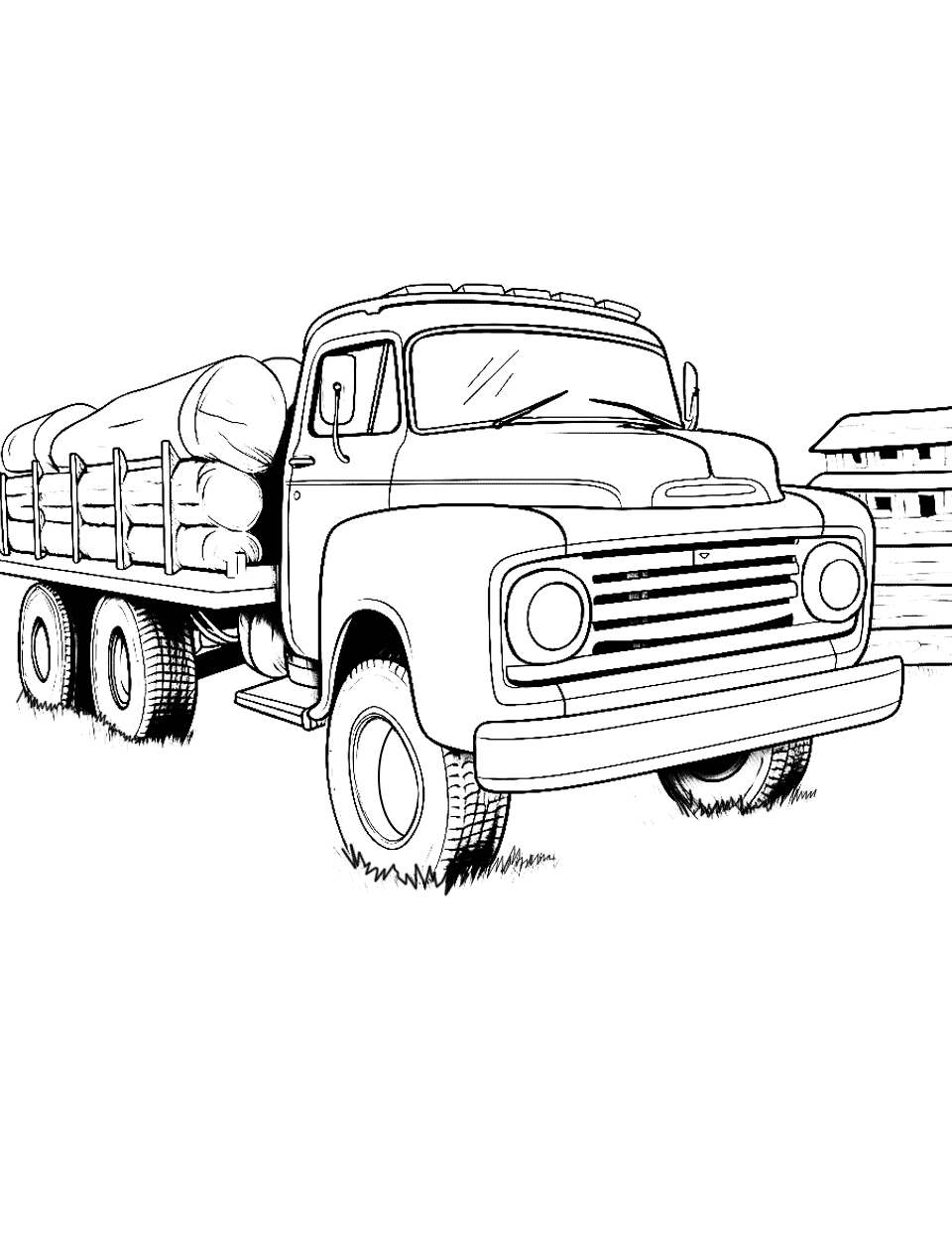 Old Farm Truck Coloring Page - An old truck loaded with tree trunks in a serene farm setting.