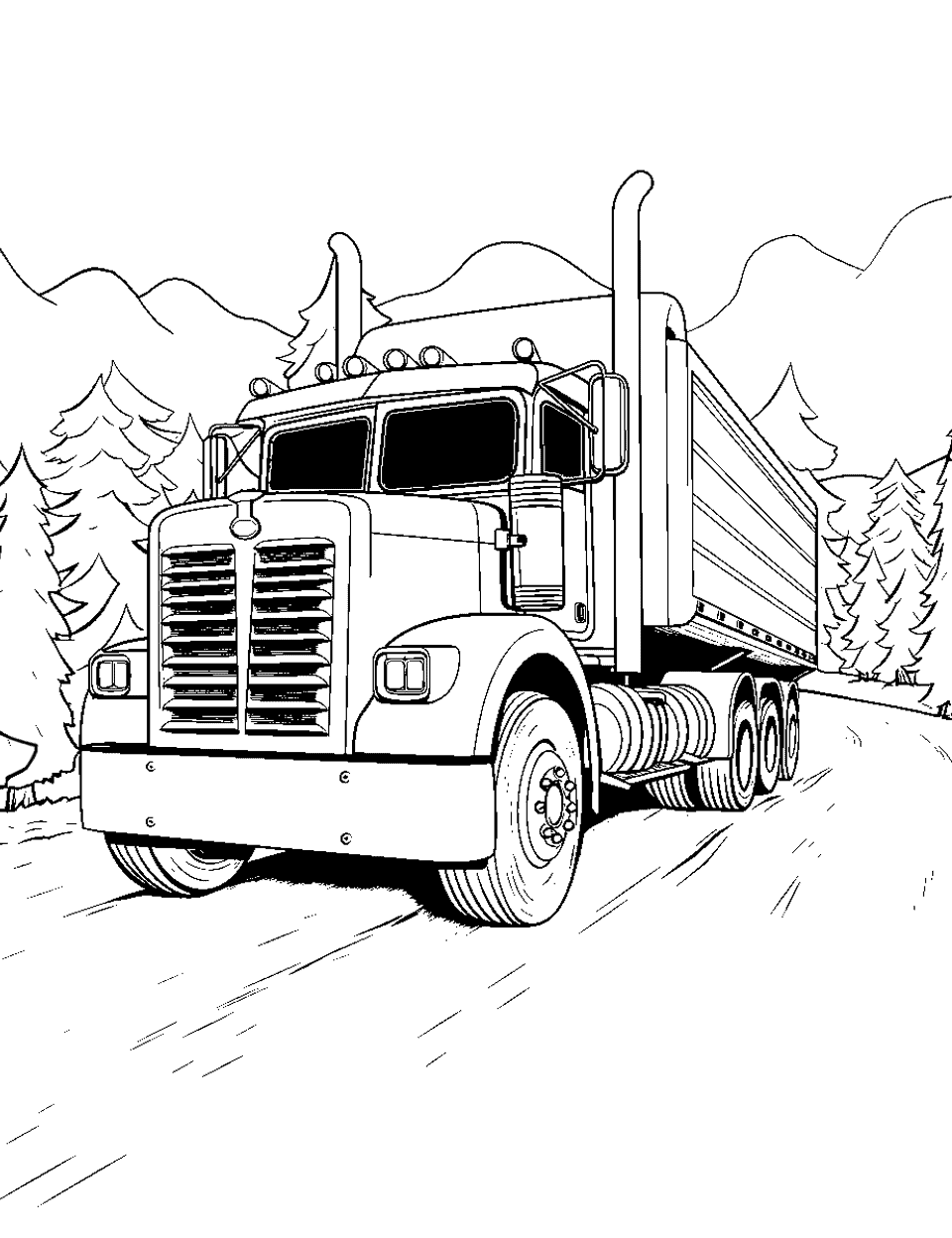 Peterbilt On the road Coloring Page - A Peterbilt truck driving on a long road going for its destination.
