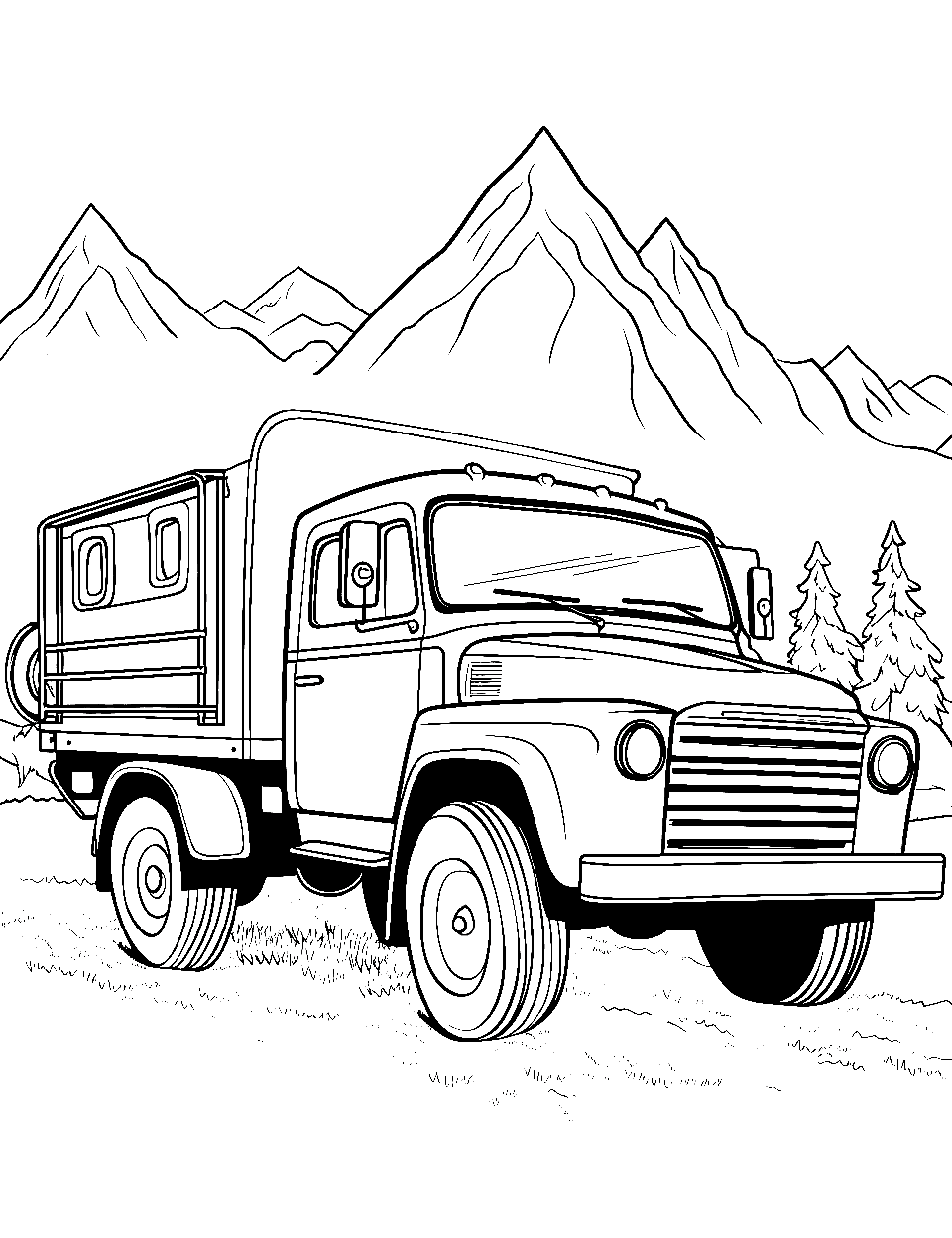 Majestic Mountain View Coloring Page - An off-road truck parked with a picturesque, simple mountain in the background.