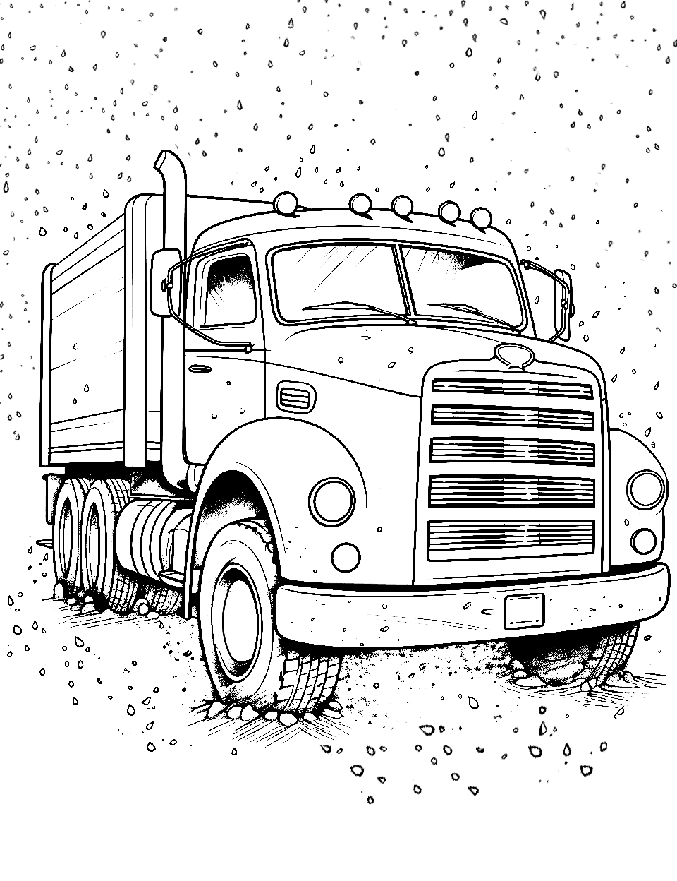 Rainy Day Drive Coloring Page - A truck with raindrops falling around driving through a puddle.