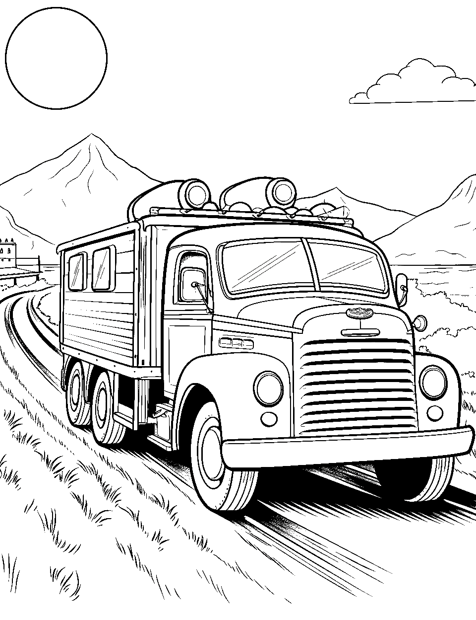 Summer Road Trip Truck Coloring Page - A truck with luggage on top, driving along a coastal road under a sunny summer sky.