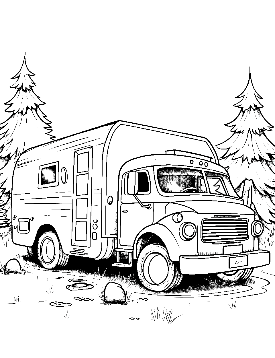 Camping Truck Parked Coloring Page - A Camping RV truck parked at a campsite.
