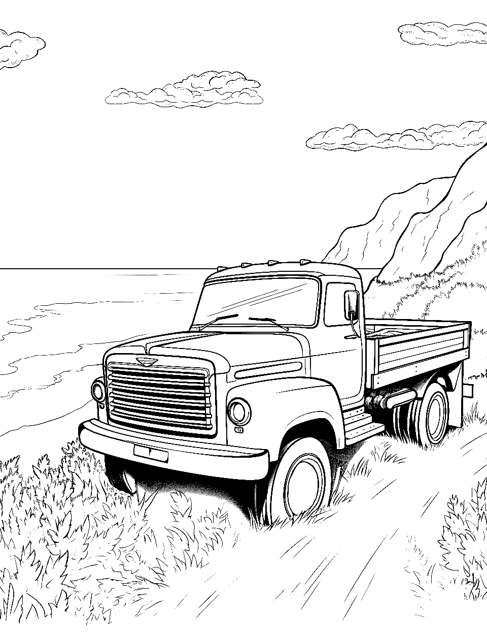 Ocean Front View Truck Coloring Page - A truck parked on a gentle cliff overlooking a calm ocean.