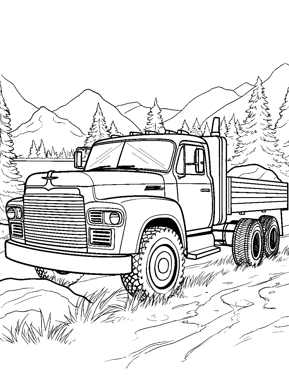 Fishing Trip Truck Coloring Page - A truck parked next to a peaceful river flowing beside its side.