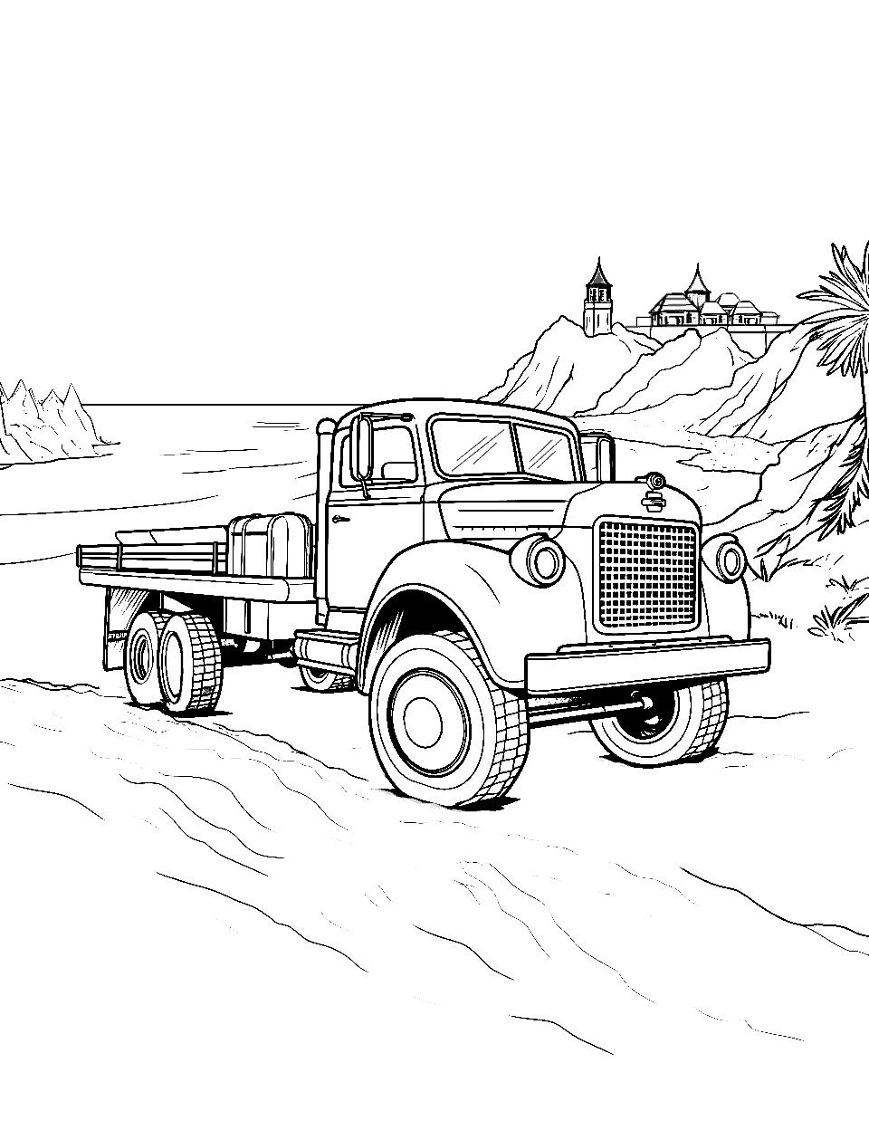 Beach Day Fun Truck Coloring Page - A truck parked on the beach with houses in the distant background.