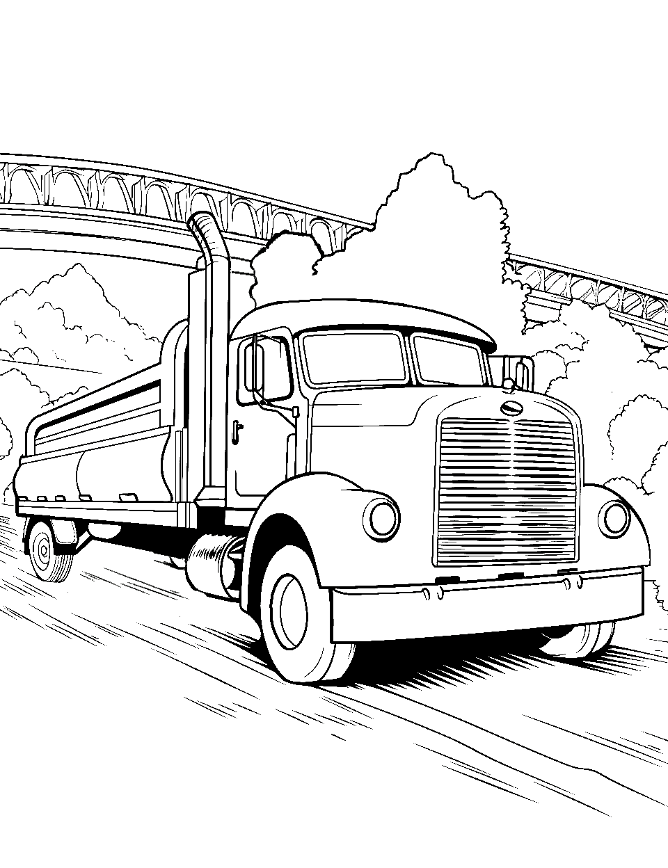 Semi Truck Under Bridge Coloring Page - A semi-truck driving under a bridge.