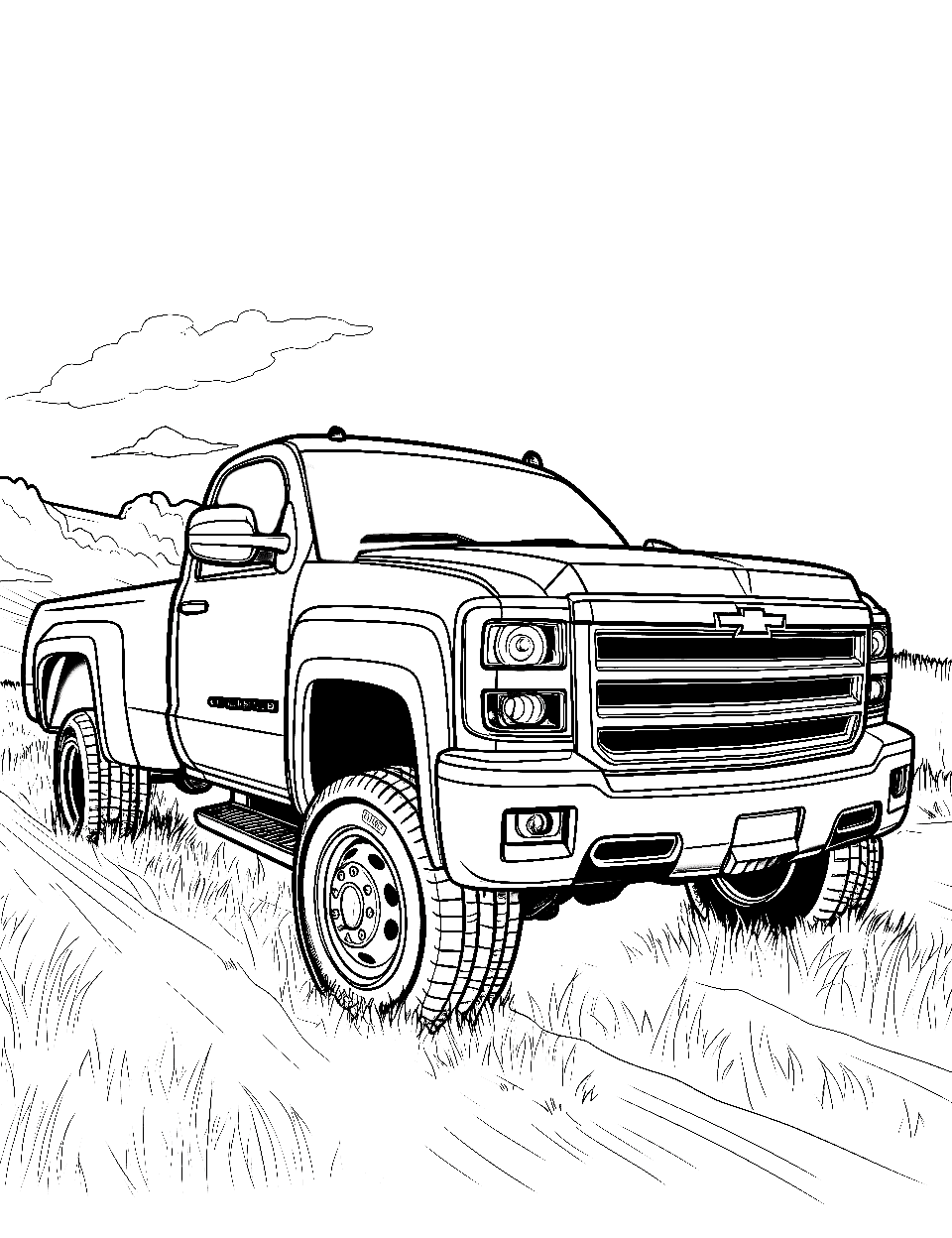 Silverado in the Field Coloring Page - A Chevrolet Silverado parked in a field.