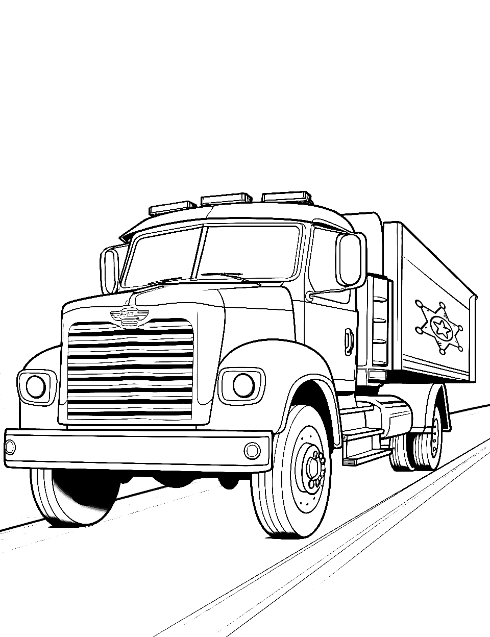 Police Chase Coloring Page - A police truck in a chase on a straight, clear road.