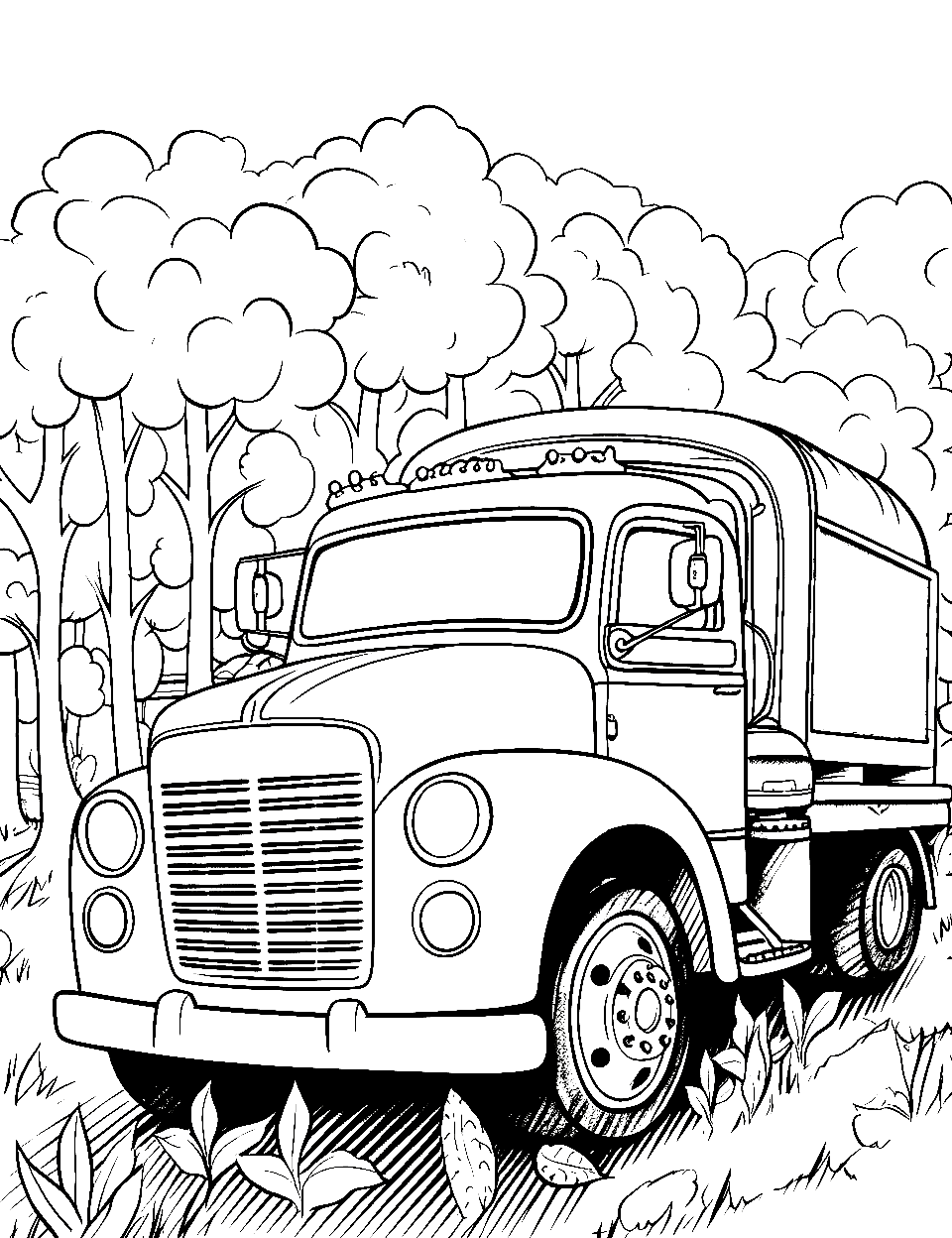 Forest Drive Coloring Page - A mini truck driving through a leafy jungle forest.