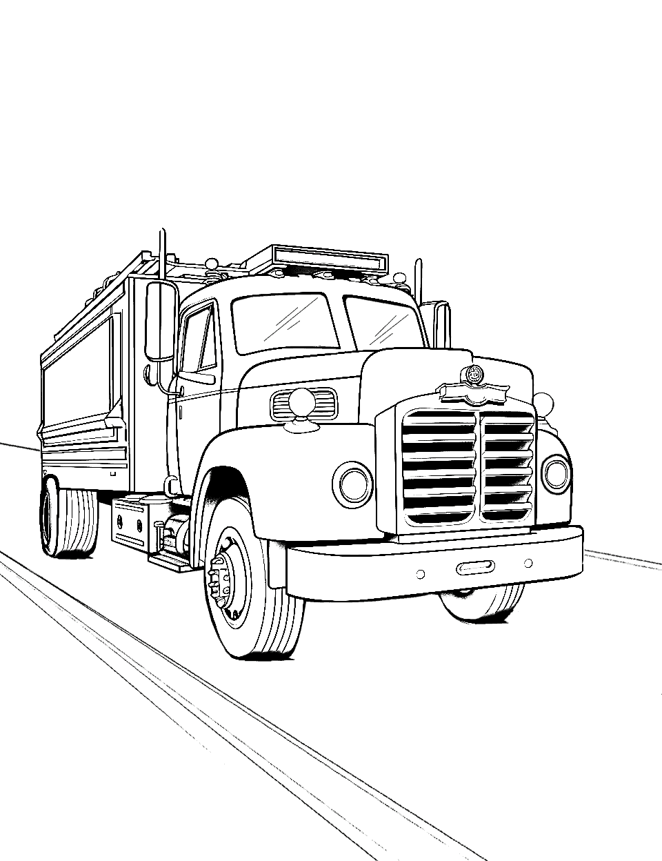 Fire Truck to the Rescue Coloring Page - A fire truck with lights and sirens on racing to extinguish a fire.