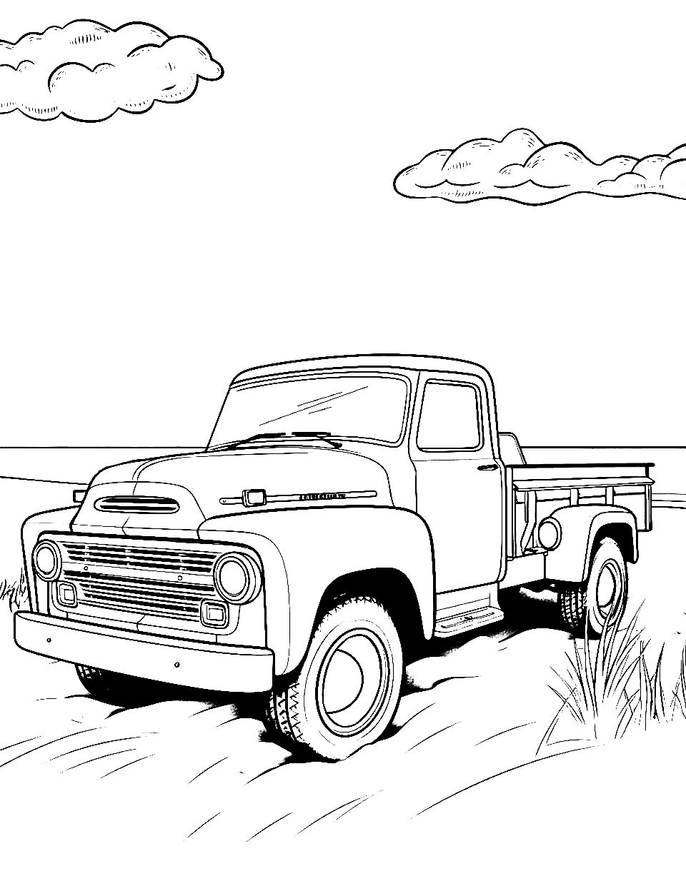 Easy Day on the Beach Truck Coloring Page - A simple scene of a truck parked by the seashore on the beach.