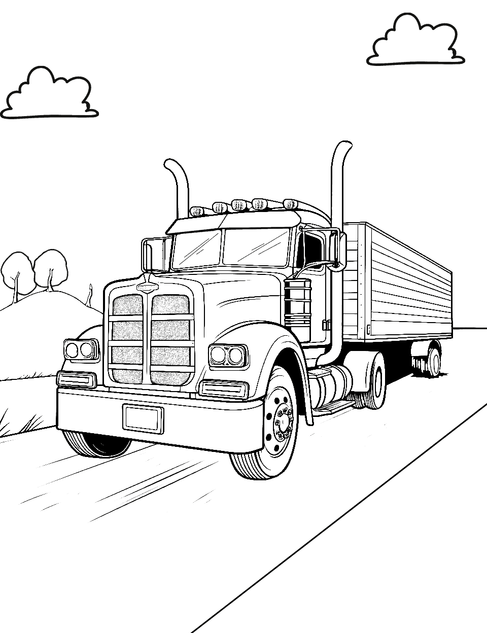 Diesel Truck on Highway Coloring Page - A powerful diesel truck is hauling a trailer on an open highway.