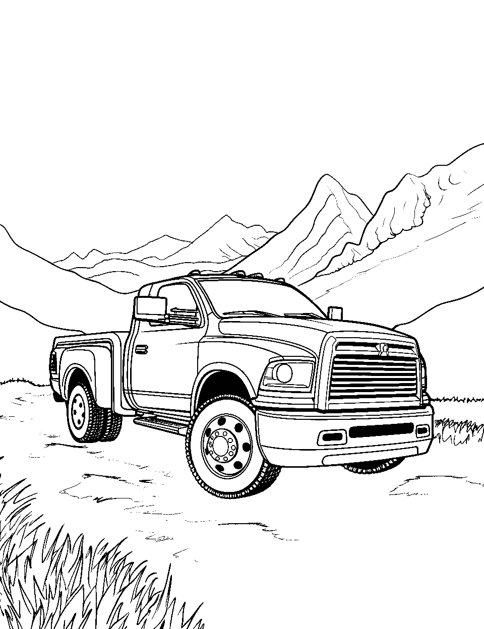 Dodge Ram at Sunrise Coloring Page - A Dodge Ram truck parked near a mountain range.