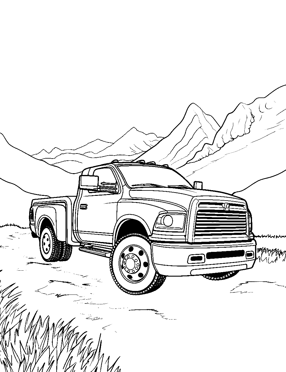 Dodge Ram at Sunrise Truck Coloring Page - A Dodge Ram truck parked near a mountain range.