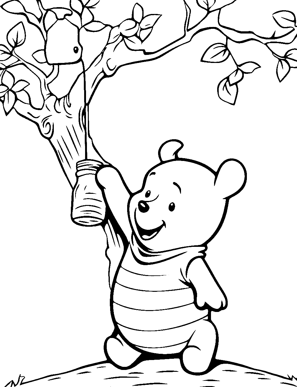 Pooh Bear and Honey Coloring Page - A joyful Pooh Bear collecting honey hanging from a tree.