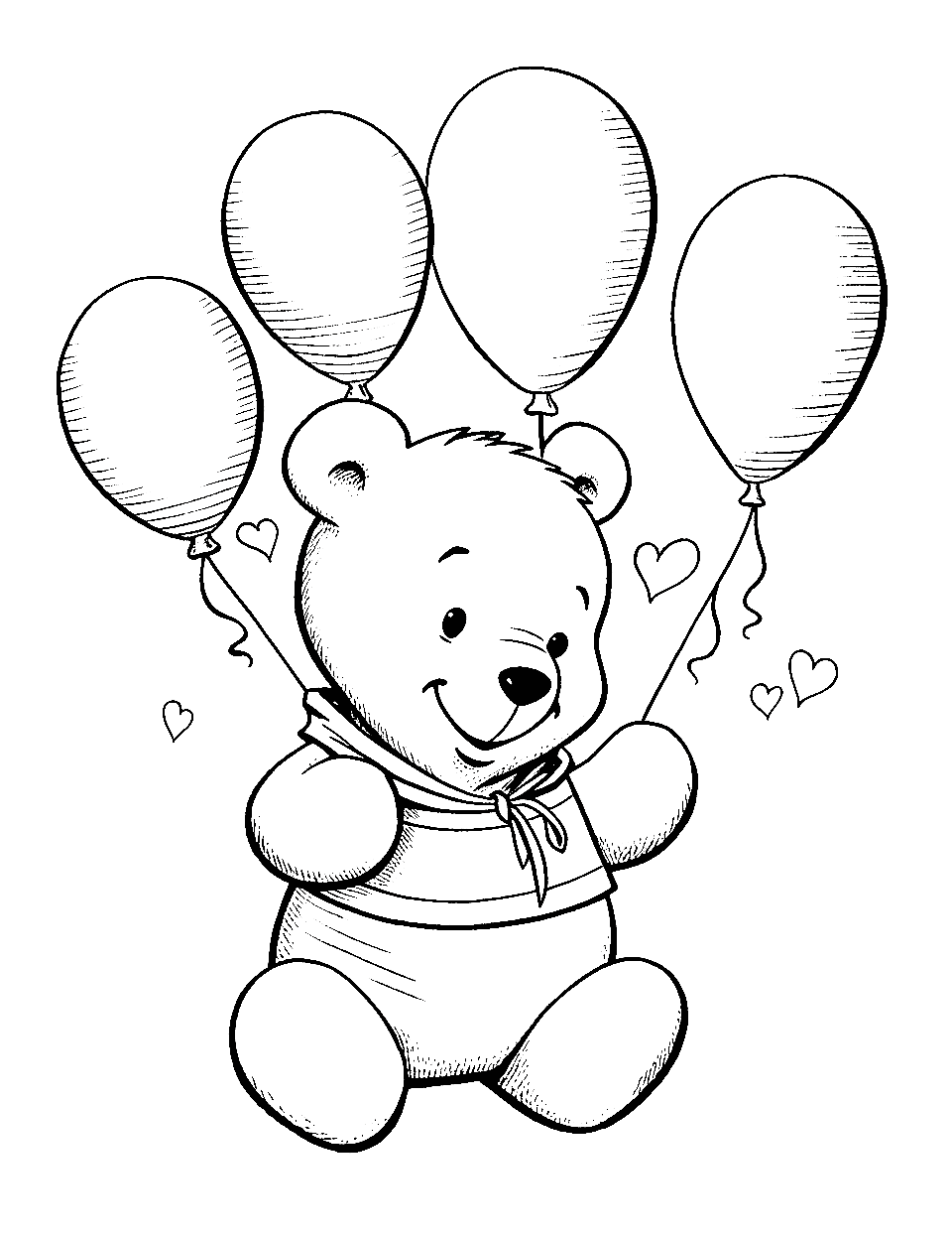 Valentine’s Day Hearts Winnie the Pooh Coloring Page - Winnie the Pooh Bear with giant balloons for Valentine’s celebration.