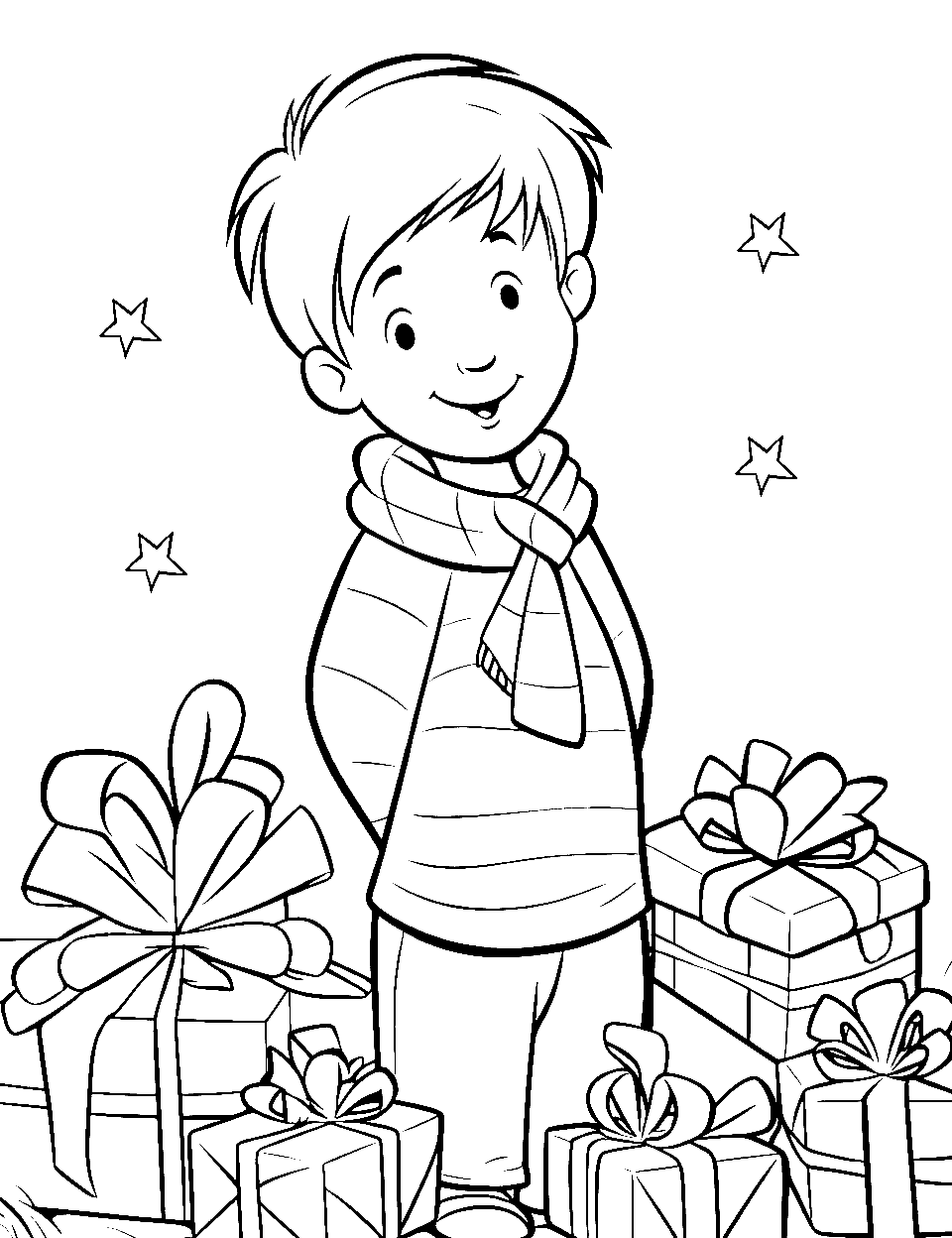 Christmas Morning Presents Coloring Page - Christopher Robin surrounded by wrapped gifts.