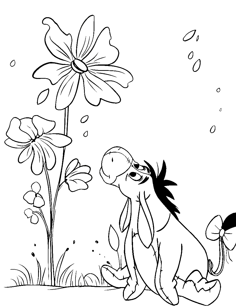 Spring Flower Bloom Winnie the Pooh Coloring Page - A joyful scene where Eeyore is with a large blooming flower in spring.