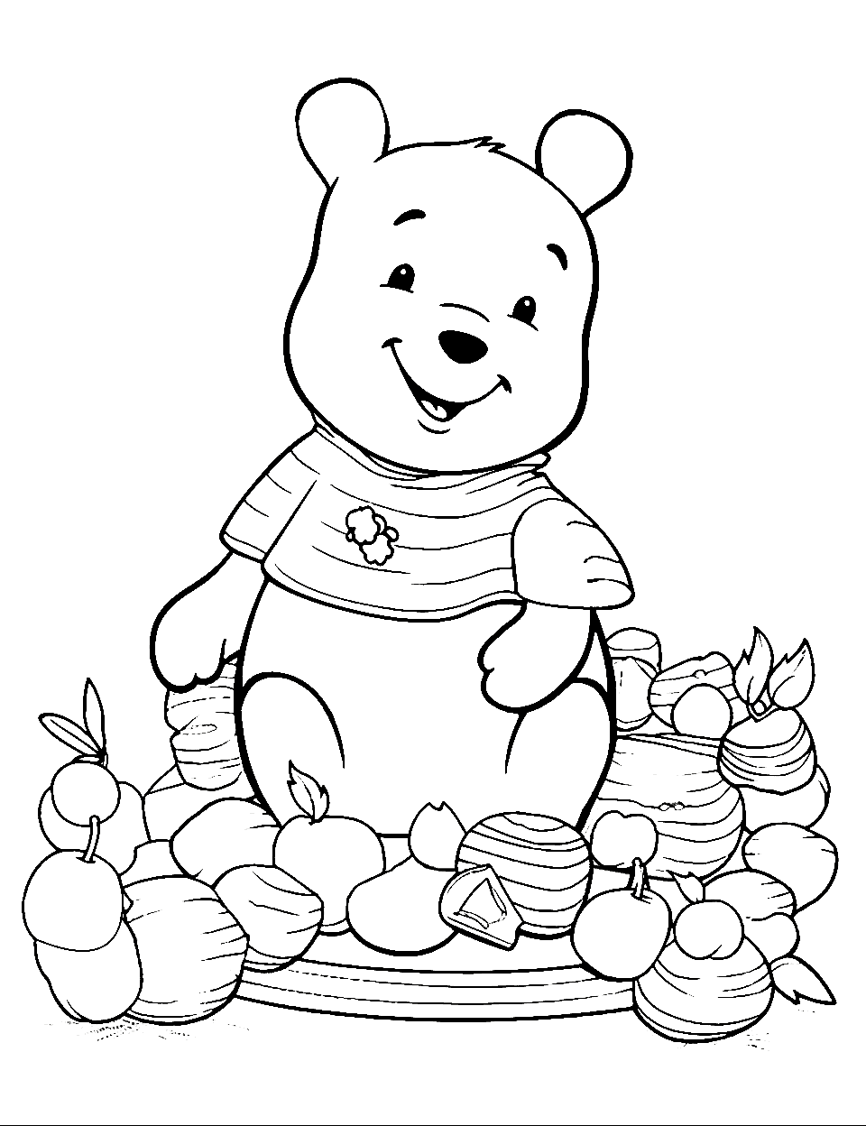 Thanksgiving Feast Coloring Page - Pooh Bear with Thanksgiving treats.