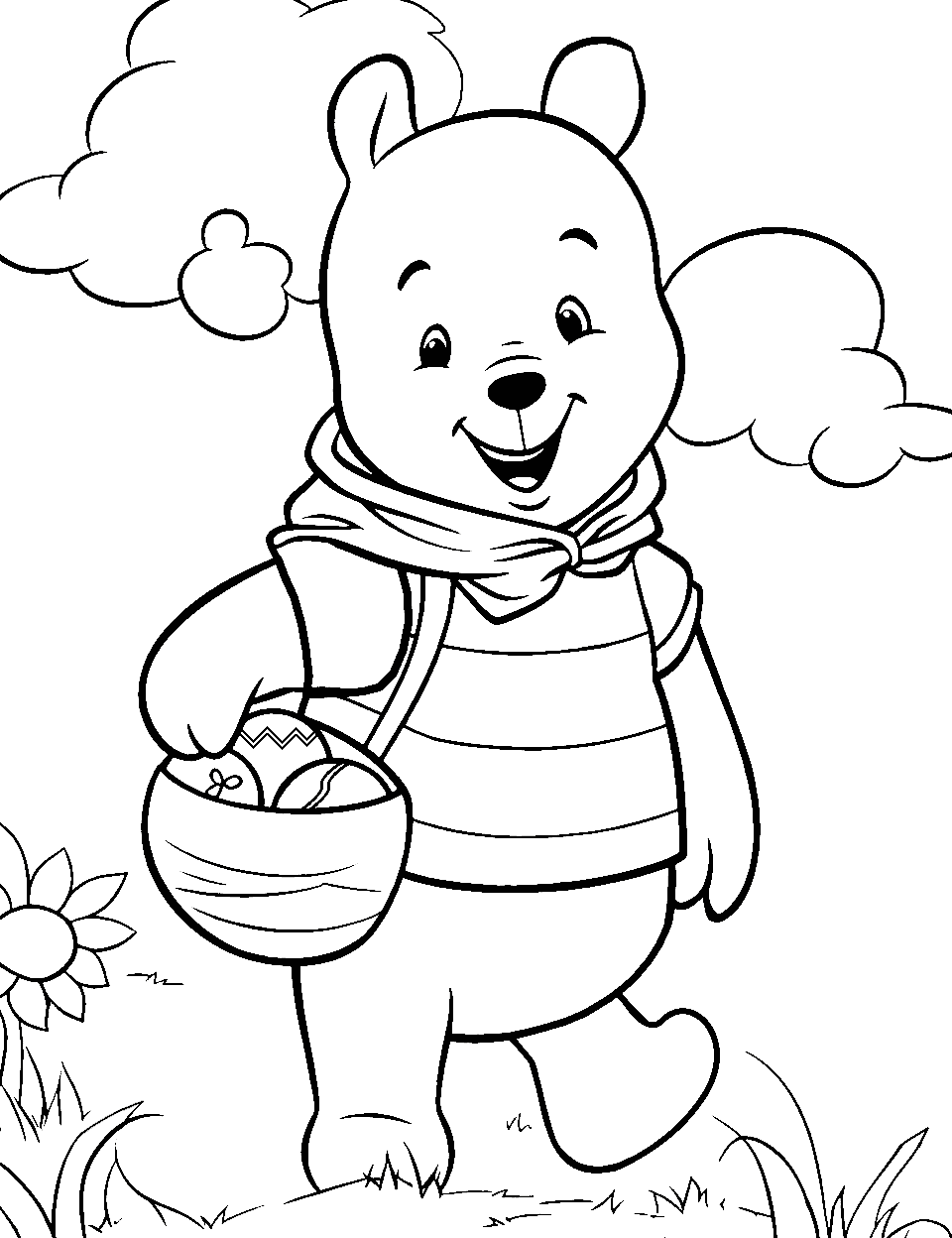 Easter Egg Hunt Coloring Page - Pooh Bear holding a basket and finding a beautifully decorated Easter egg hidden in the grass.