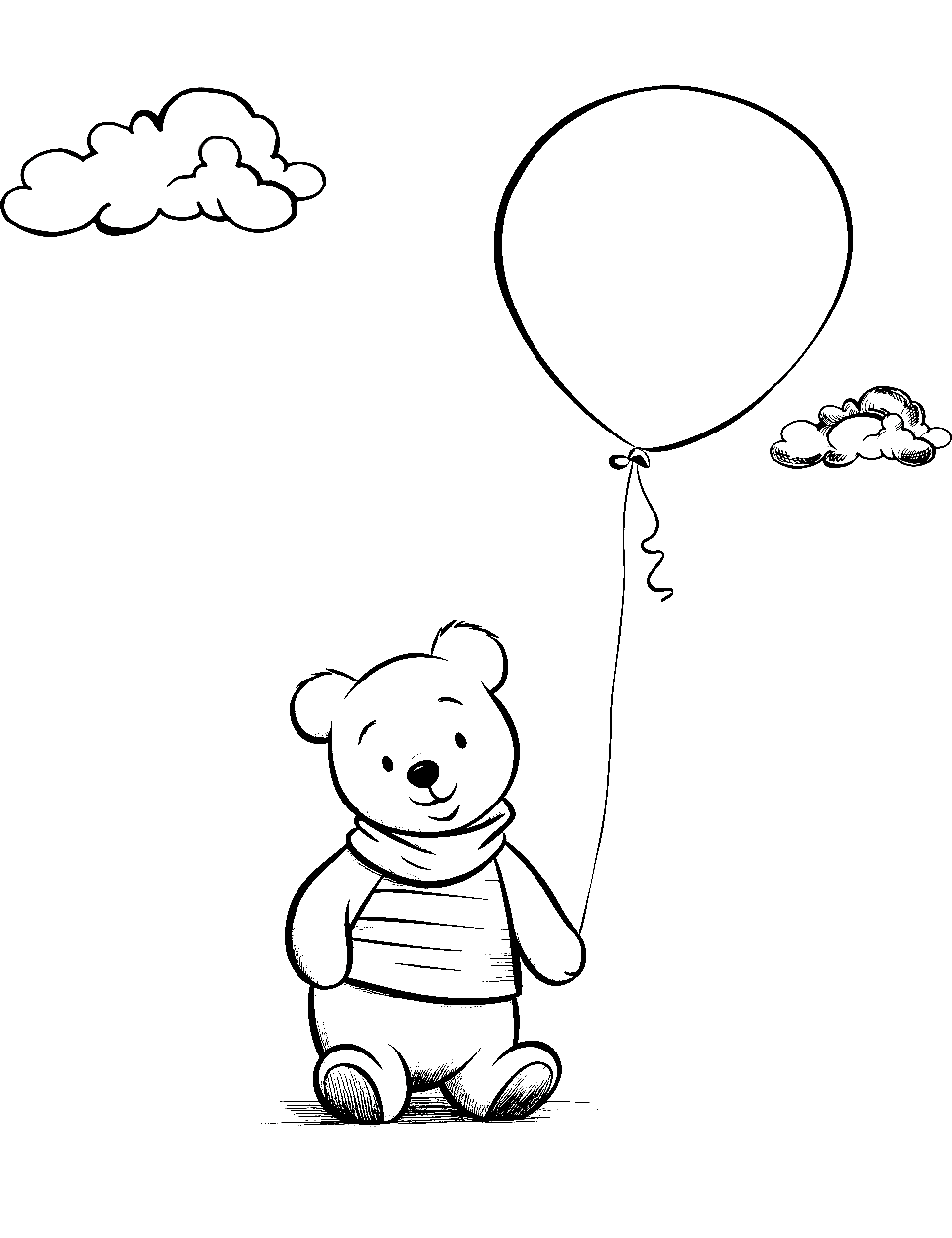 Balloon and Pooh Coloring Page - Pooh Bear holding a ballon ready to go on an adventure.