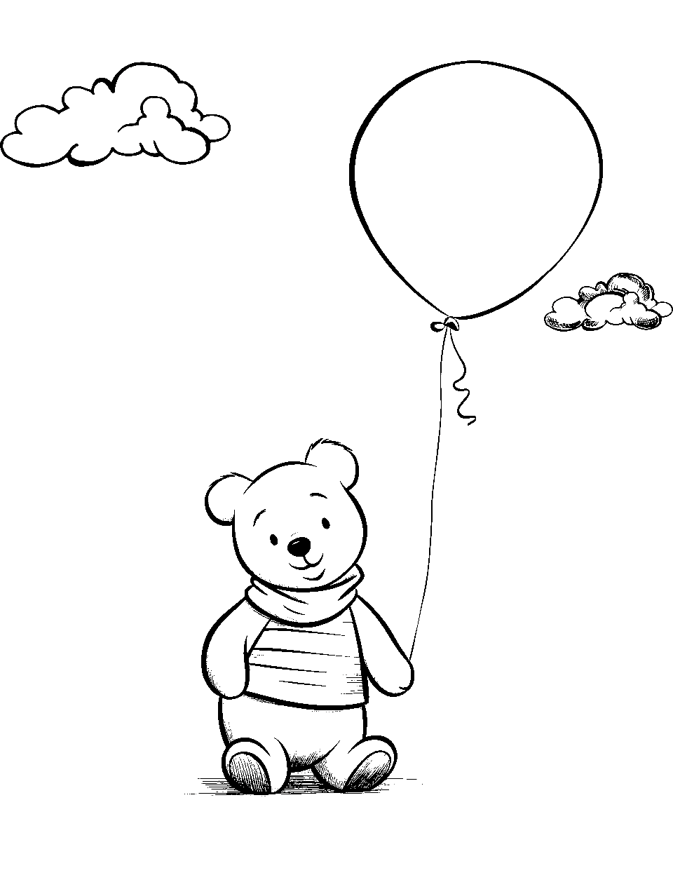 Balloon and Pooh Winnie the Coloring Page - Pooh Bear is holding a balloon and is ready to go on an adventure.