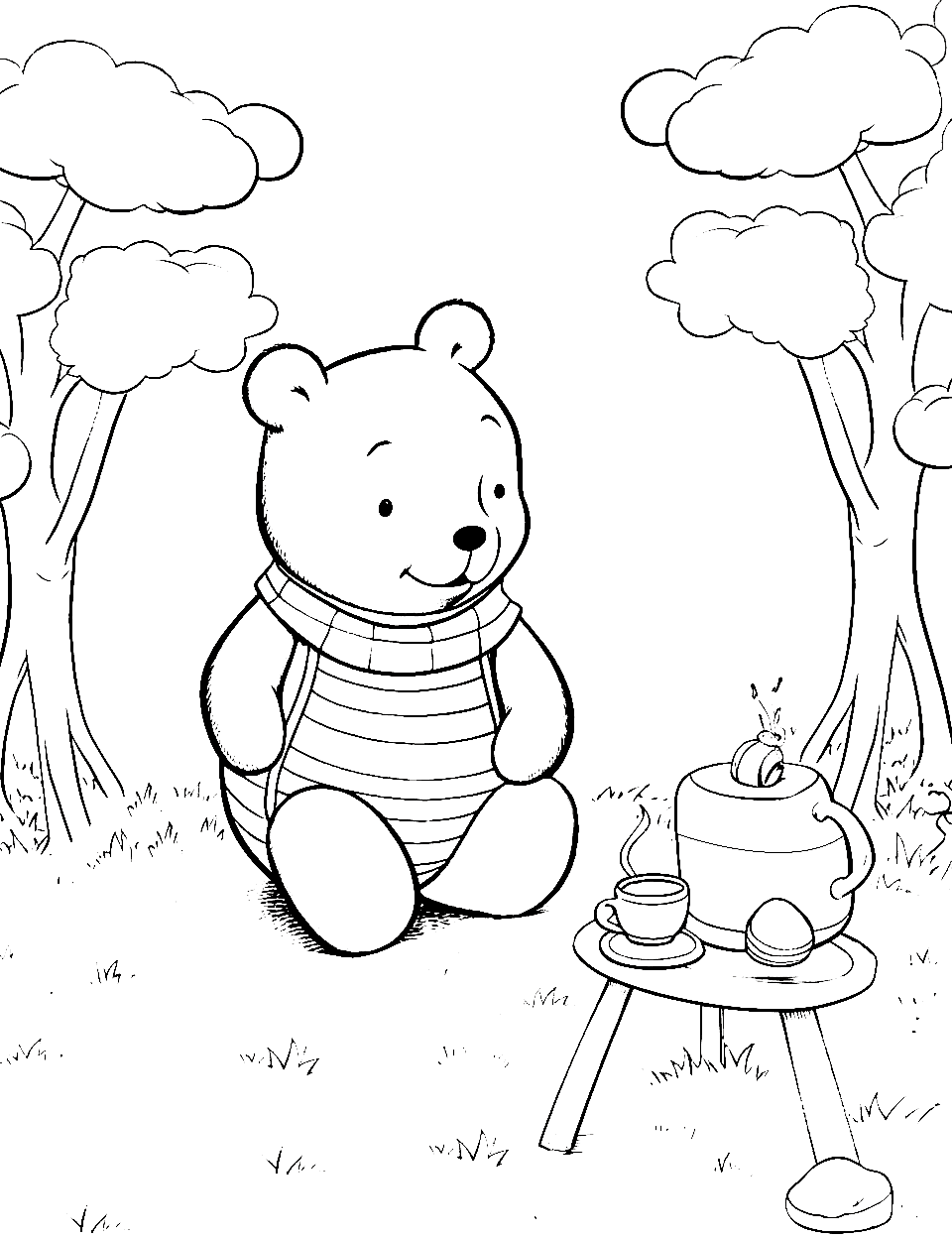 Pooh Picnic Coloring Page - A fun scene where Pooh is having a picnic.